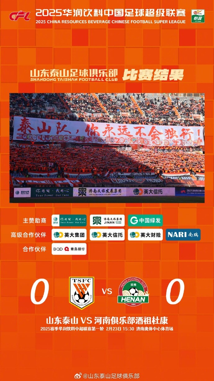 中超首戰(zhàn)，泰山隊(duì)雖未取勝，但全隊(duì)展現(xiàn)出了頑強(qiáng)的拼搏精神